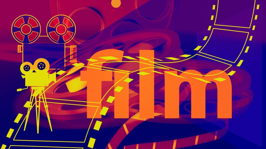 Grafik mit bunten Filmstreifen, altem Filmvorfühgerät und Text: Film