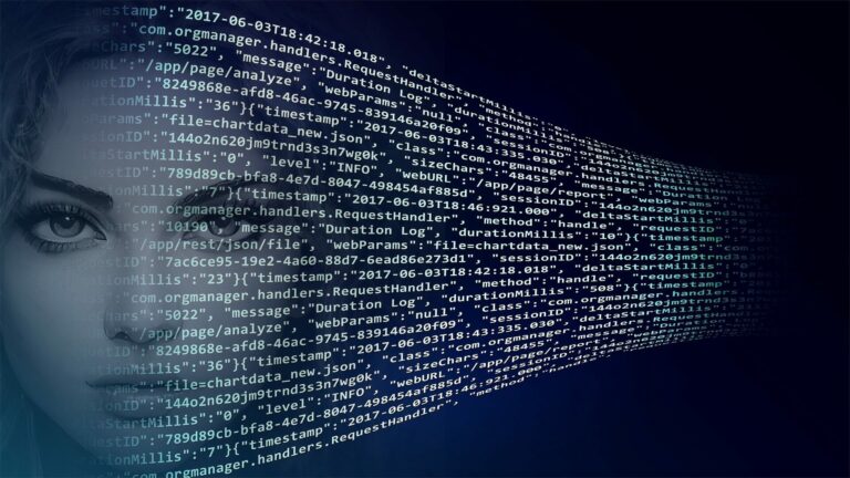Gesicht einer Frau, Datenstrom, blauer Hintergrund
