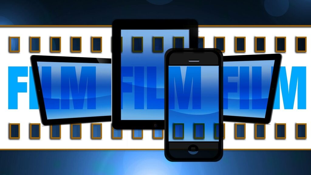 Grafik mit Filmstreifen, Handy und Text "Film"