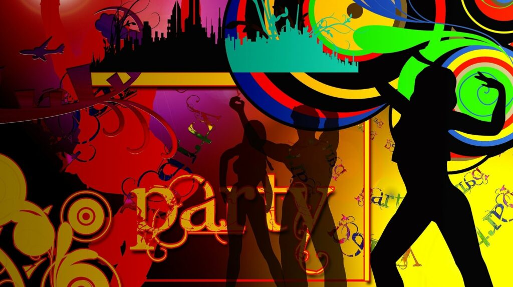 tanzende Silhouetten vor buntem Hintergrund mit Text: Party