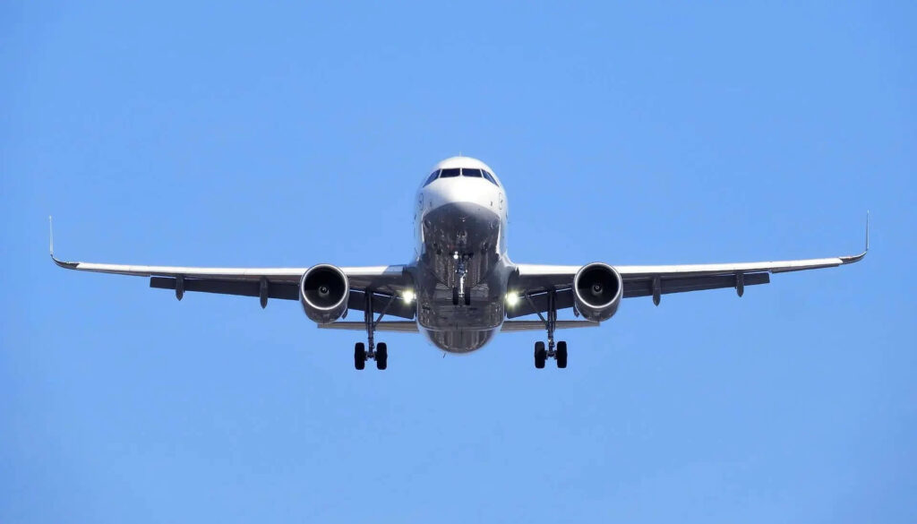 Flugzeug beim Landeanflug, blauer Himmel